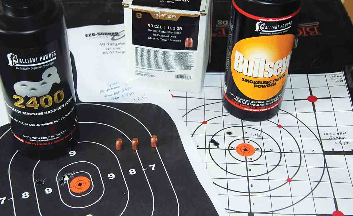 Speer’s affordable 180-grain Copper Plated Flatnose bullet proved quite accurate, producing a 1.21-inch group with 11.5 grains of Alliant 2400 at 1,166 fps and a 1.16-inch group with 5.5 grains of Alliant Bullseye at 965 fps.